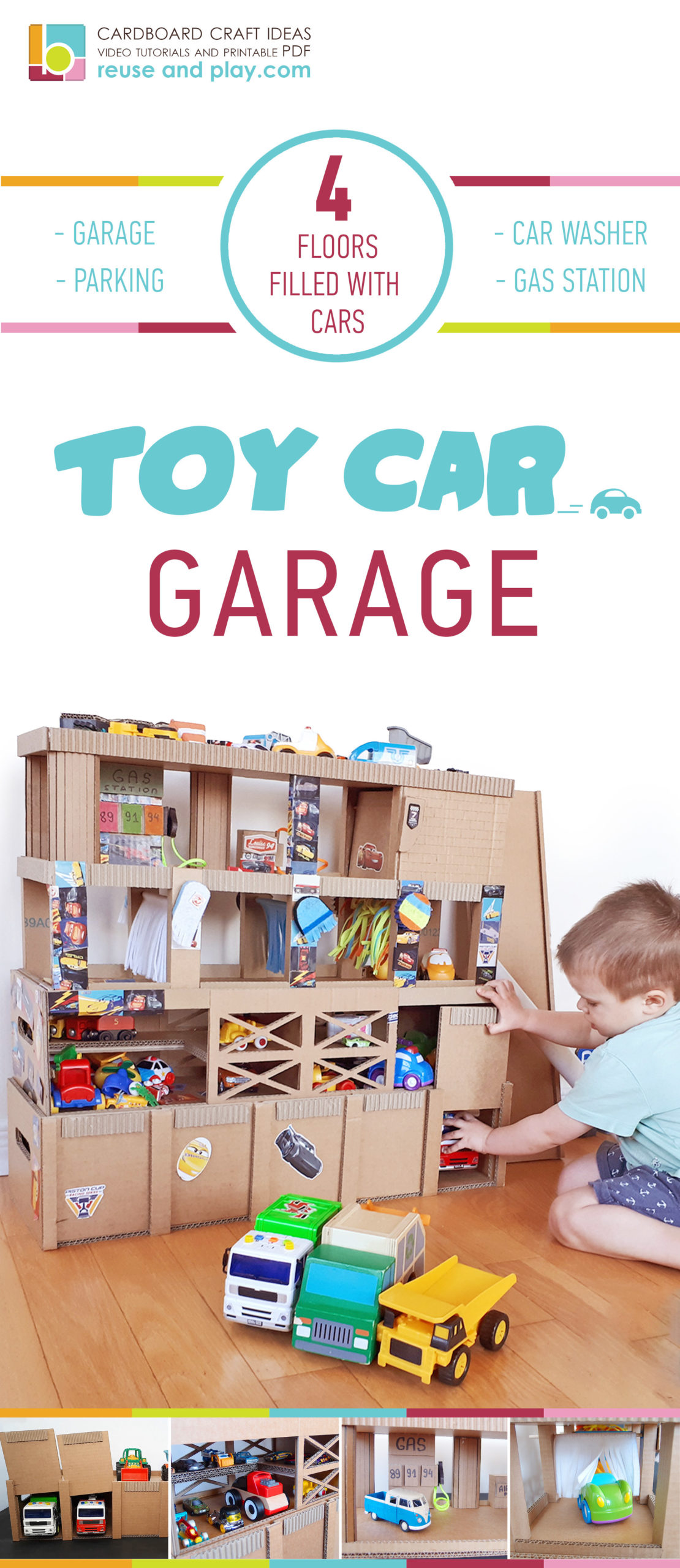 Toy Car Garage Cardboard Storage #reuseandplay #cardboarddiy #cardboardgarage #toystorage #carparking #cardboardparking