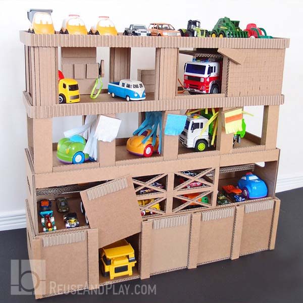 How to make Toy Car Garage with door, car washer, and a gas station