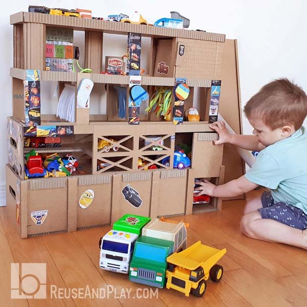 Toddler Toy Car Garage with door, car washer, and a gas station