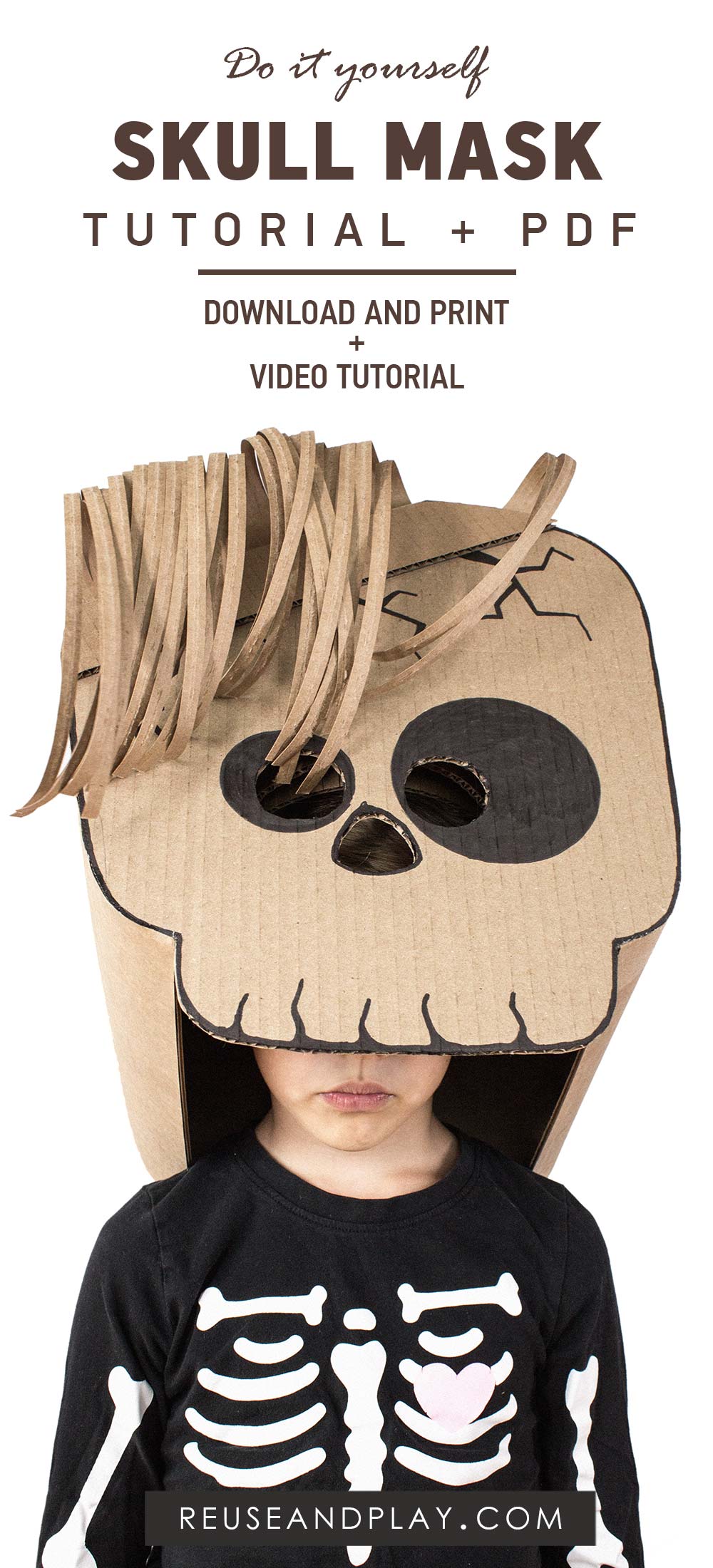 A step-by-step DIY tutorial showcasing the creation of a Halloween Skull Mask out of cardboard with a free printable template