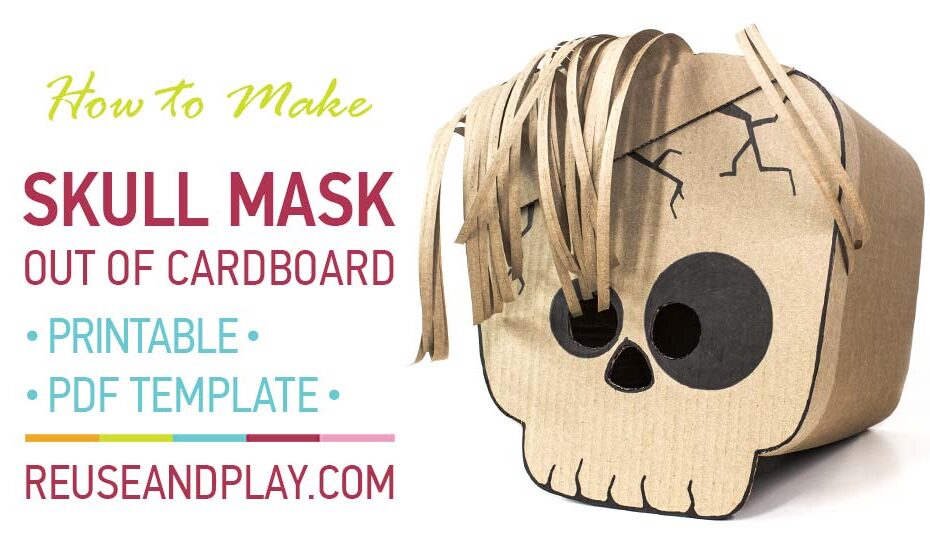 A step-by-step DIY tutorial showcasing the creation of a Halloween Skull Mask out of cardboard with a free printable template