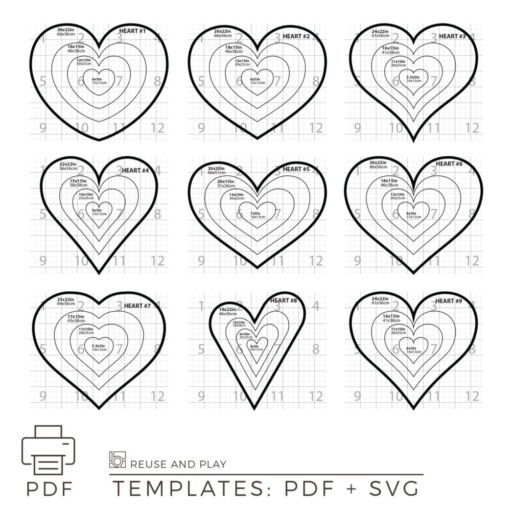 This Heart Templates Pack includes 9 unique styles, each in multiple sizes from 5" to 22" tall. Ready-to-print PDF files (12 numbered pages per style) plus SVG files for cutting machines are included.