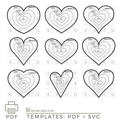 This Heart Templates Pack includes 9 unique styles, each in multiple sizes from 5" to 22" tall. Ready-to-print PDF files (12 numbered pages per style) plus SVG files for cutting machines are included.