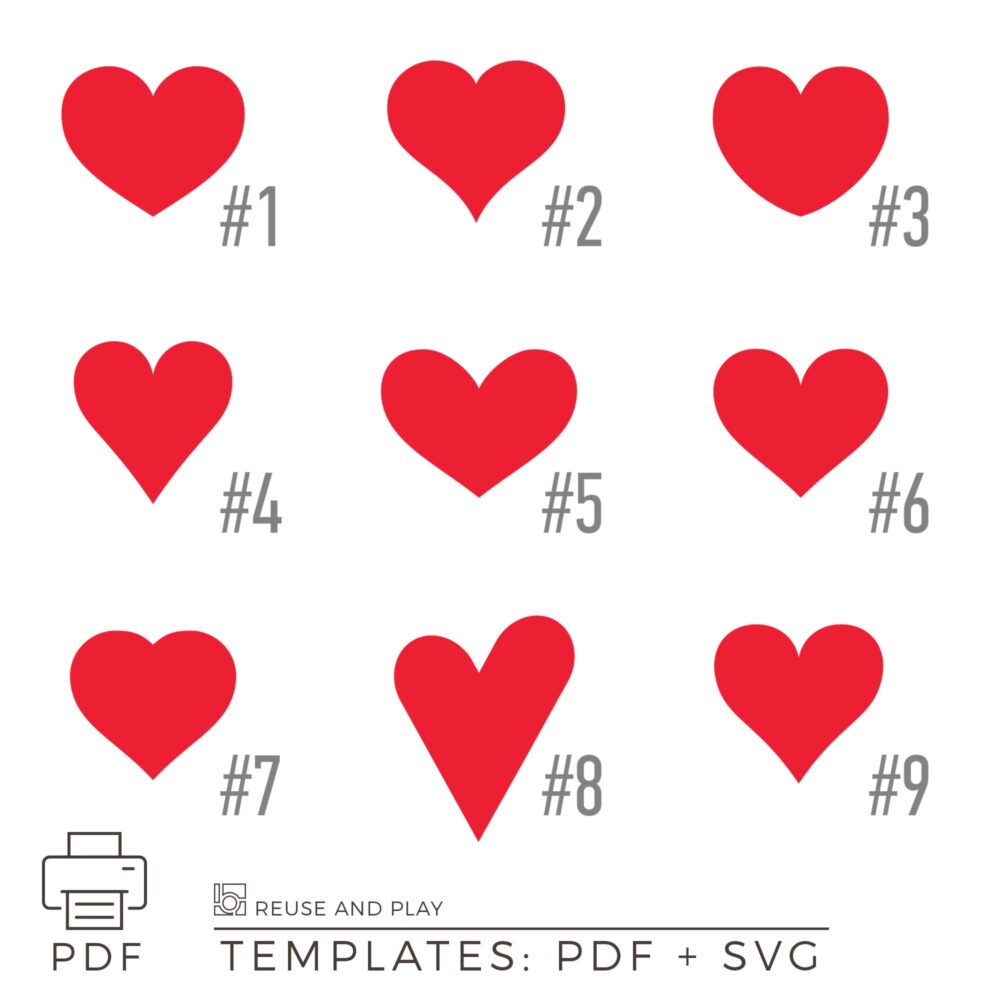 This Heart Templates Pack includes 9 unique styles, each in multiple sizes from 5" to 22" tall. Ready-to-print PDF files (12 numbered pages per style) plus SVG files for cutting machines are included.