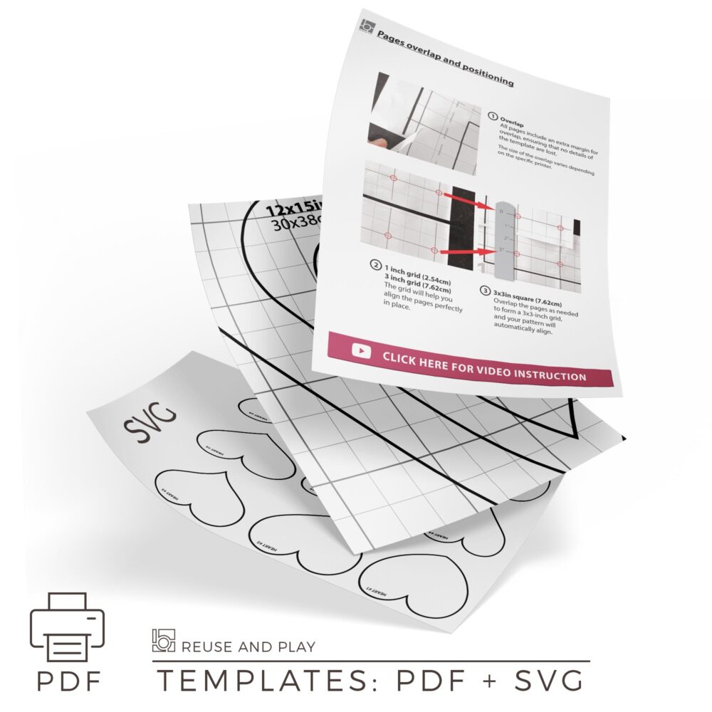 This Heart Templates Pack includes 9 unique styles, each in multiple sizes from 5" to 22" tall. Ready-to-print PDF files (12 numbered pages per style) plus SVG files for cutting machines are included.