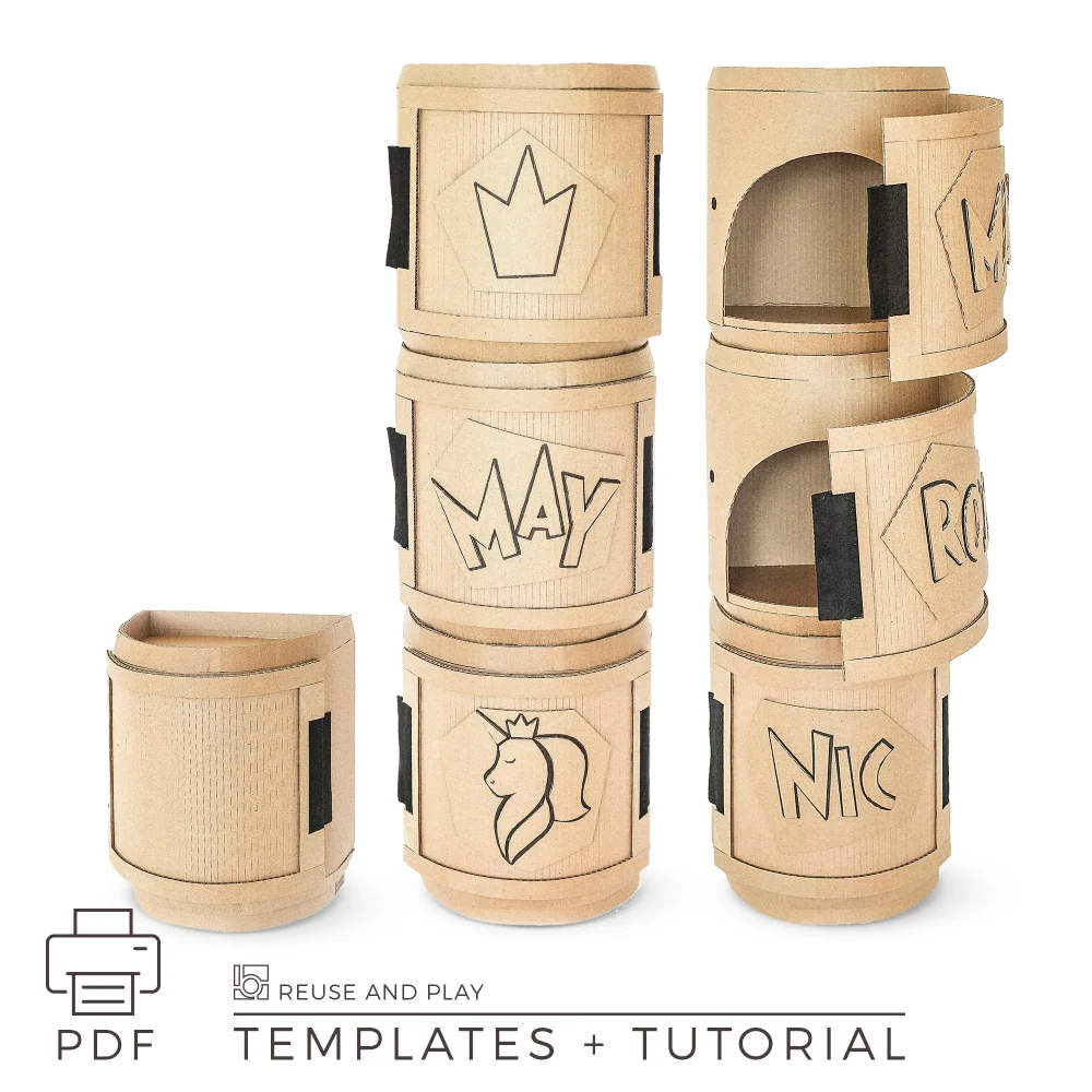 Cardboard playset tower with personalized toy storage boxes DIY template