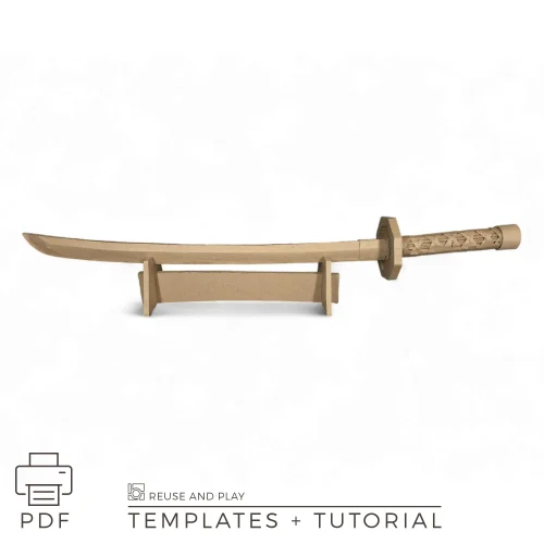 Finished cardboard katana displayed on simple stand, showing full length curved blade and balanced proportions for decorative use