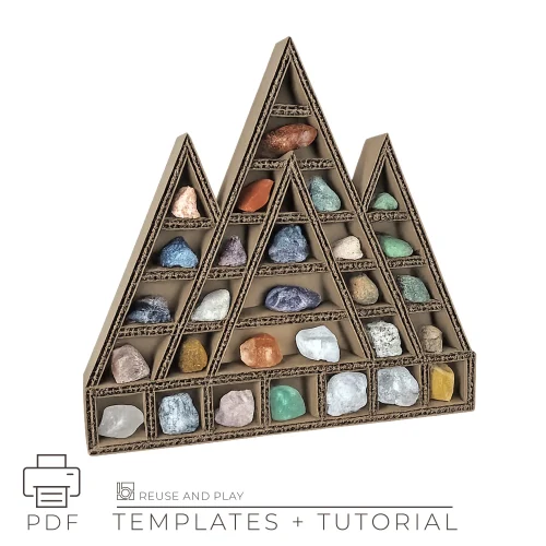 Cardboard rock display shelf template with geometric compartments for crystals and gemstones