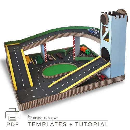 DIY cardboard car play mat with ramps and elevator tower