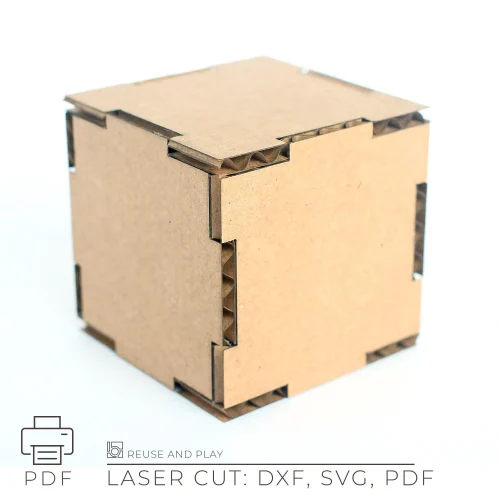 Cardboard cube box made from 0.25in thick cardboard using laser cut DXF, SVG, and PDF files.