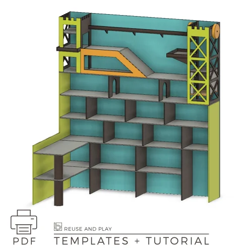 Cardboard toy car garage wall display template PDF with shelves ramps and parking spaces for DIY toy storage