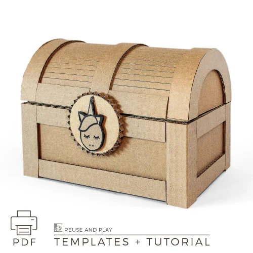 Cardboard treasure chest made from corrugated cardboard with unicorn lock decoration and curved pirate-style lid