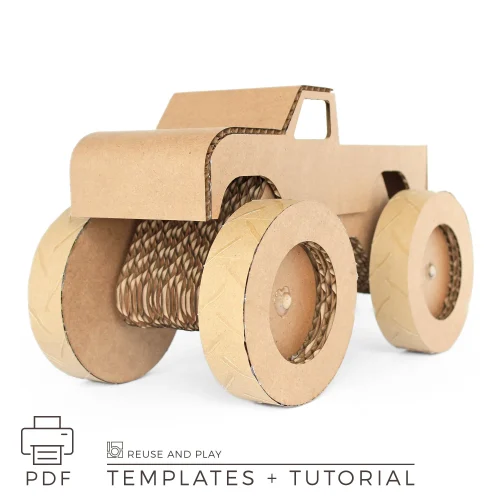 Cardboard monster truck DIY template made from recycled cardboard with oversized wheels