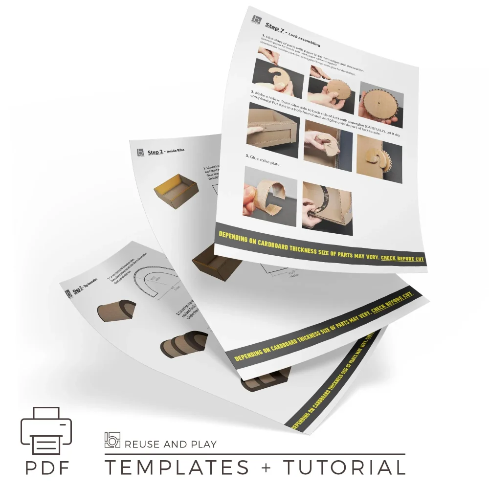 Printable PDF instruction pages for cardboard treasure chest template with step-by-step tutorial photos