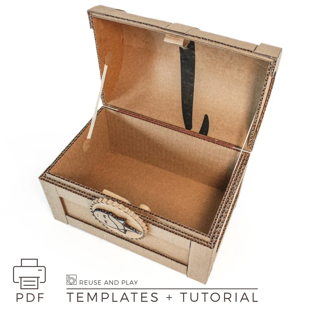 Open cardboard treasure chest showing spacious interior and curved lid support mechanism