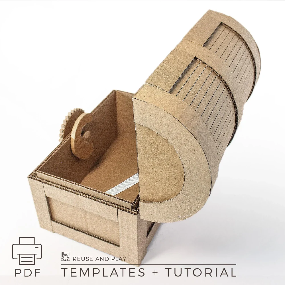 Handmade cardboard treasure chest storage box with open lid and decorative front lock detail